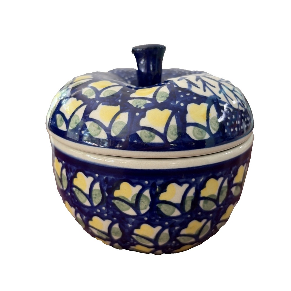 Boleslawiec Polish Pottery Art Apple Baker Dish w Lid Blue Yellow Poland